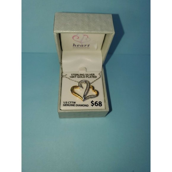 Double Heart Pendant in Sterling Silver and 18k Gold 18" with 1/5 CTTW Diamond - Picture 1 of 4